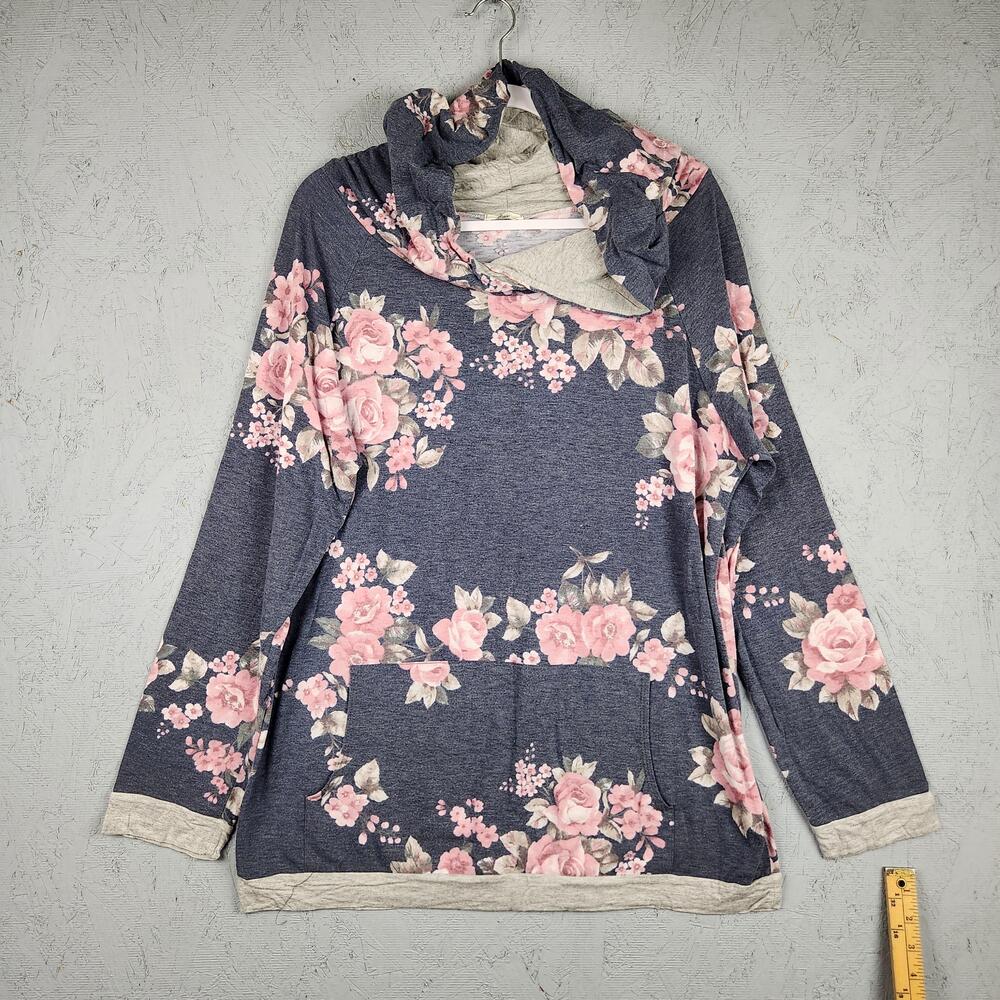 Egy Sweatshirt Womens Large Blue Pink Floral Cowl Neck Hoodie Soft Pullover